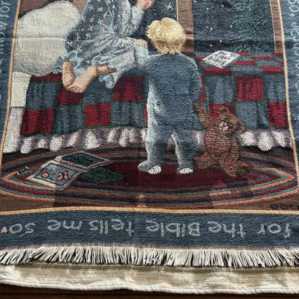 Woven Tapestry Throw Kids Blue Jesus‎ Loves Me Prayer Vintage Cottagecore